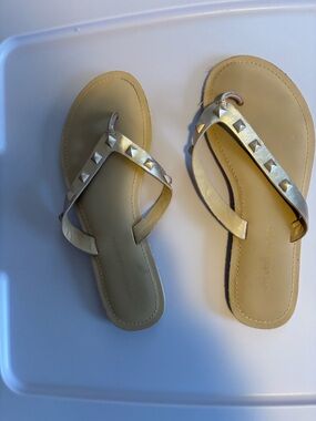 Rebecca Minkoff Rose Gold Studded Leather Thong Sandals